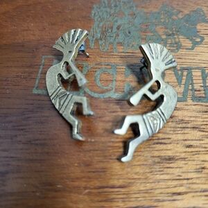 Vintage Brass Tone Metal Kokopelli Pierced Earrings